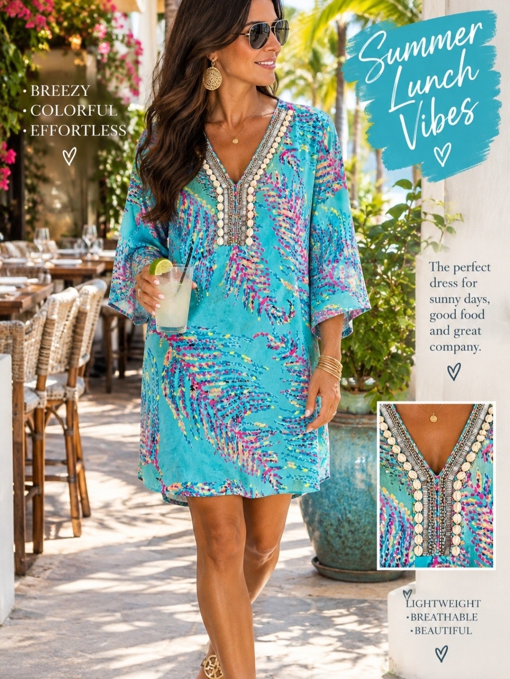 Lilly Pulitzer Turquoise Multi-Color Embellished V-Neck Tunic Caftan Dress